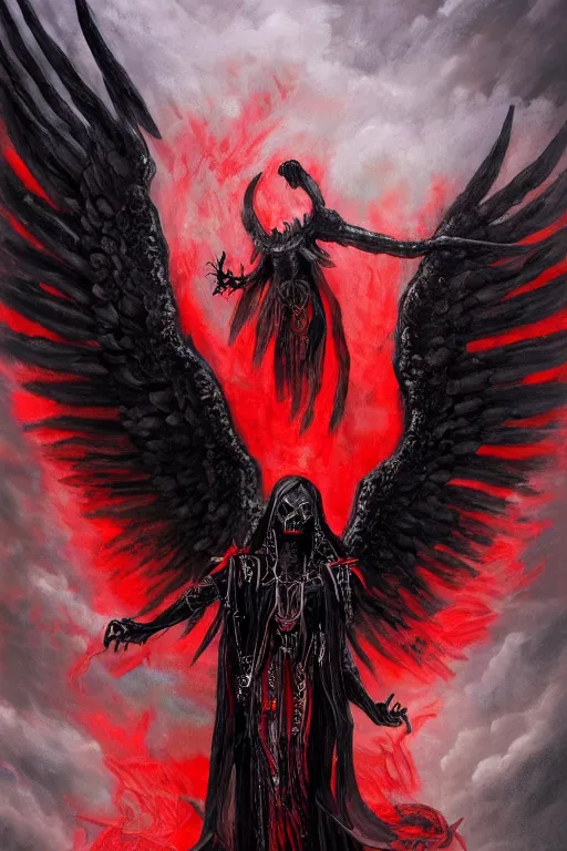 Prompt: painting of an ominous bright black and red angel of death with many skulls in dark clouds, full-body portrait, highly detailed, ornate and elegant, fantasy, traditional art, gothic, abstract art, surrealism, concept art, on artstation