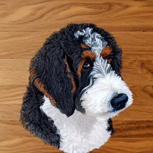 Prompt: bernedoodle made out of cotton studio lighting