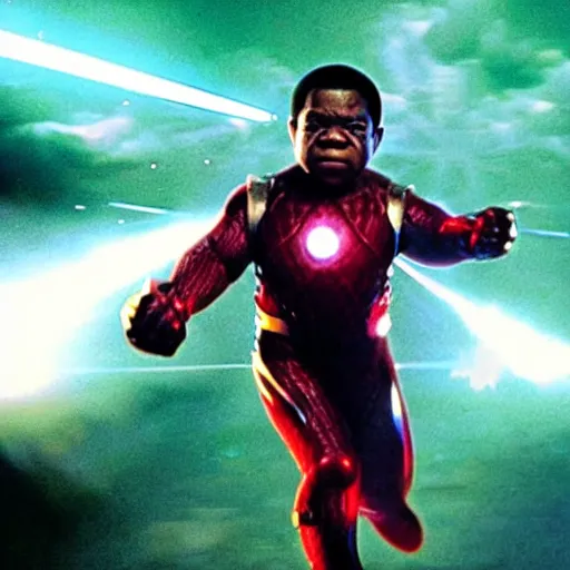 Prompt: gary coleman as a powerful superhero shooting lasers out of his eyes for marvel studios real life movie still