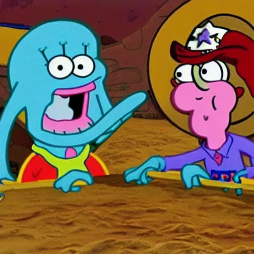 Prompt: Squidward arm wrestling with cowboys on the moon in an episode of Spongebob