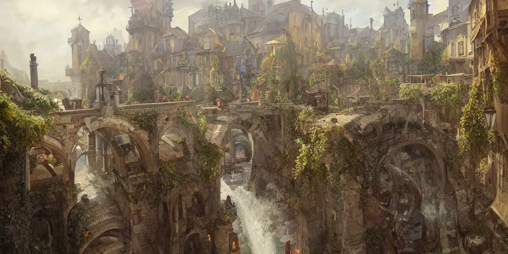 Prompt: empty medieval port town overgrown aqueduct running into the town square pokemon sword and sheild, bright future, social realism, highly detailed, digital painting, artstation, concept art, matte, sharp focus, illustration, art by artgerm and greg rutkowski and alphonse mucha