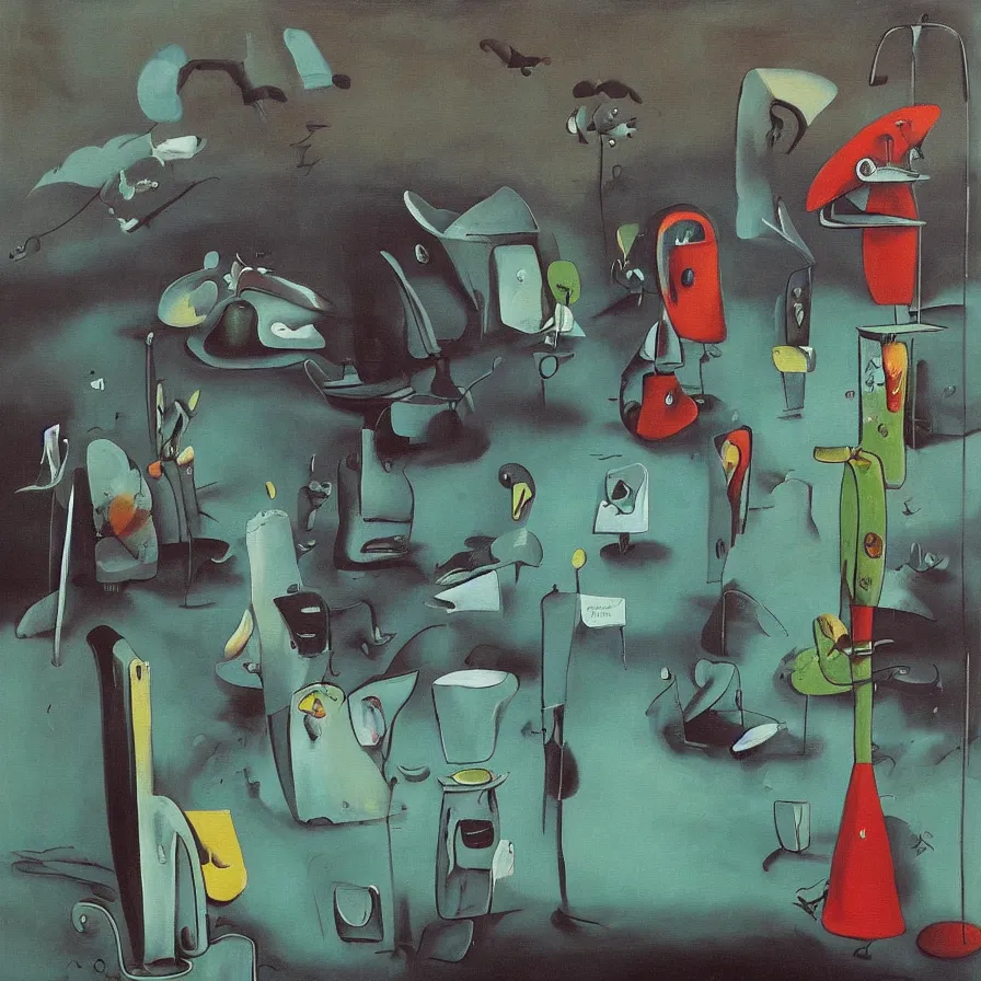 Image similar to “a painting in the style of Yves Tanguy , a parking meter stands in the middle of a desert. Next to the parking meter we see a priest, a woman in a green dress , and a rhinoceros . ”