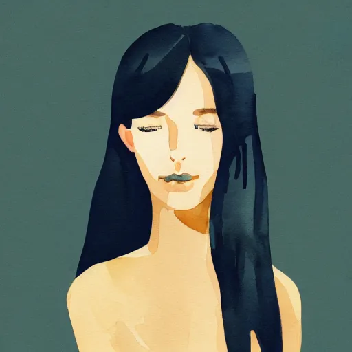 Image similar to a room full of beautiful house plants and a pretty woman with pale skin, long black hair with bangs, wearing shorts and t shirt, abstract, golden light, beautiful watercolor art trending on artstation