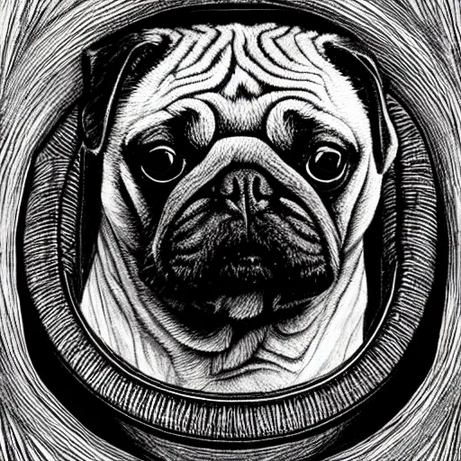 Prompt: pencil art, golden - ratio, spirals, highly detailed, psychedelic shapes, astronaut pug in outer space by davinci.