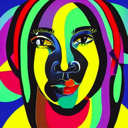 Image similar to closeup portrait of a black woman with yellow eyes and a rainbow background, digital art by tomokazu matsuyama, by ed paschke, behance contest winner, generative art, irridescent, retrowave, grain, androgynous, black background