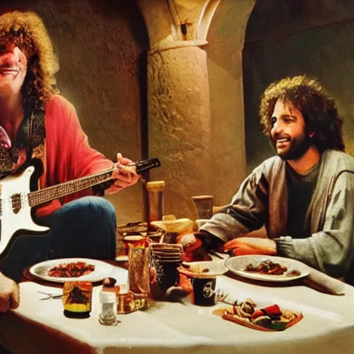 Image similar to Pat Metheny having dinner with Jesus Christ at a Mexican restaurant, highly detailed, high resolution, HD, cinematic