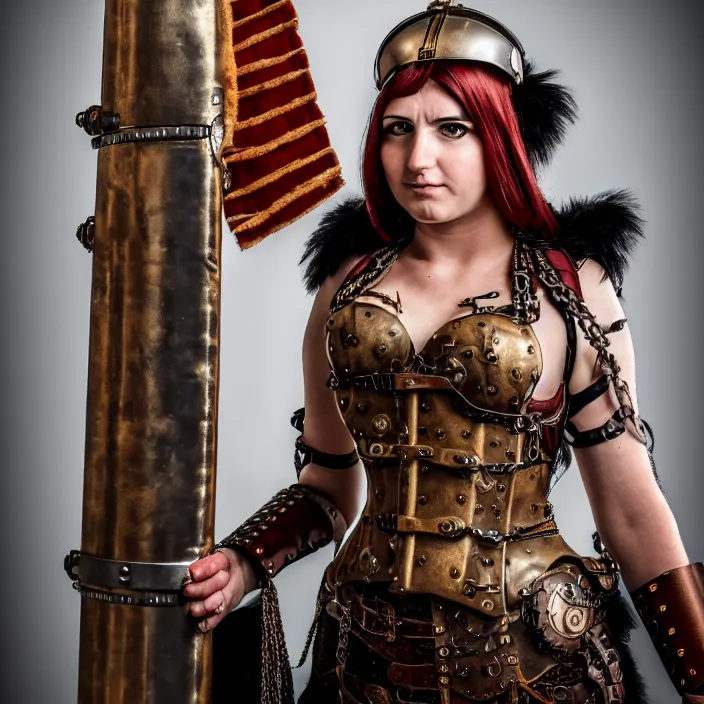 Image similar to full length portrait photograph of a real-life beautiful woman steampunk roman centurion. Extremely detailed. 8k