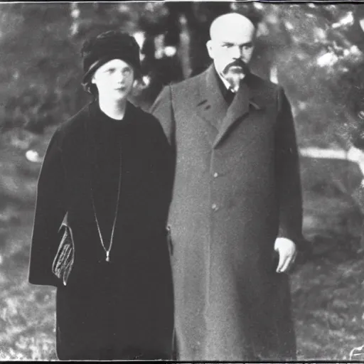 Image similar to Vladimir Lenin and his girlfriend, Princess Anastasia Romanov, photograph, 1919, paparazzi