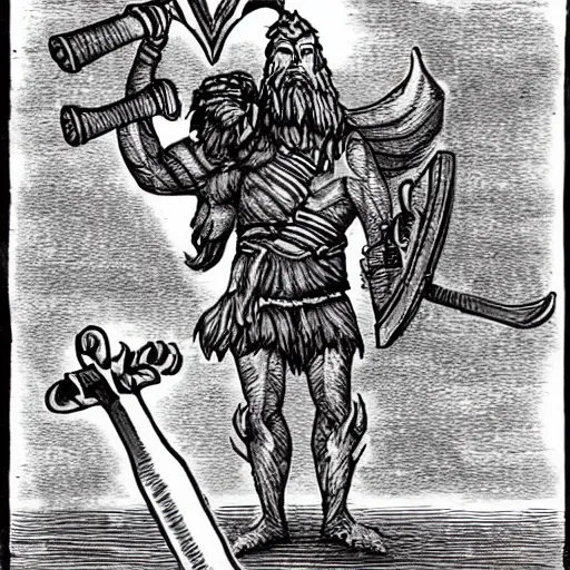 Prompt: a giant eldritch Viking deity holding a hammer