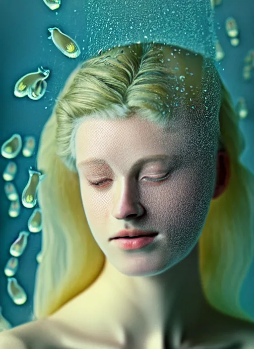 Image similar to Kodak Portra 400, 8K, soft light, volumetric lighting, highly detailed, britt marling style 3/4 , portrait photography of a beautiful woman by Giovanni Gastel, face merging with jellyfishes, symbolic metamorphosis complex 3d render , 150 mm lens, art nouveau fashion embroidered,bust with intricate underwaters details, elegant, hyper realistic, ultra detailed, octane render, underwater soft colours, emotionally evoking, head in focus, fantasy, elegant, soft light, volumetric lighting, highly detailed, Refined, Highly Detailed, soft pastel lighting colors scheme, fine art photography, Hyper realistic, photo realistic