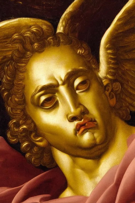 Image similar to archangel Michael, agony face, closeup, ultra detailed, made in gold, Guido Reni style