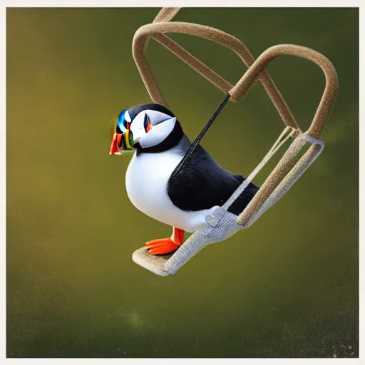 Image similar to puffin in a swing, Ultra realistic illustration, concept art, cgsociety, octane render, trending on artstation, artstationHD, artstationHQ, unreal engine, 4k, 8k --height 768