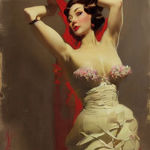 Image similar to portrait of a beautiful woman, intricate, elegant, highly detailed, by gil elvgren, by greg manchess, by mucha, by ruan jia