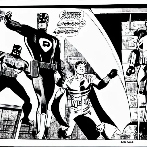 Prompt: comic book pane of captain america arresting batman, silver age of comics, Jack kirby illustration