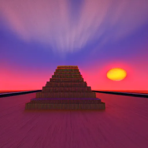 Prompt: ziggurat, photorealist, retrowave, orange color scheme, vivid lighting, sunset, digital art, rendered in unreal engine