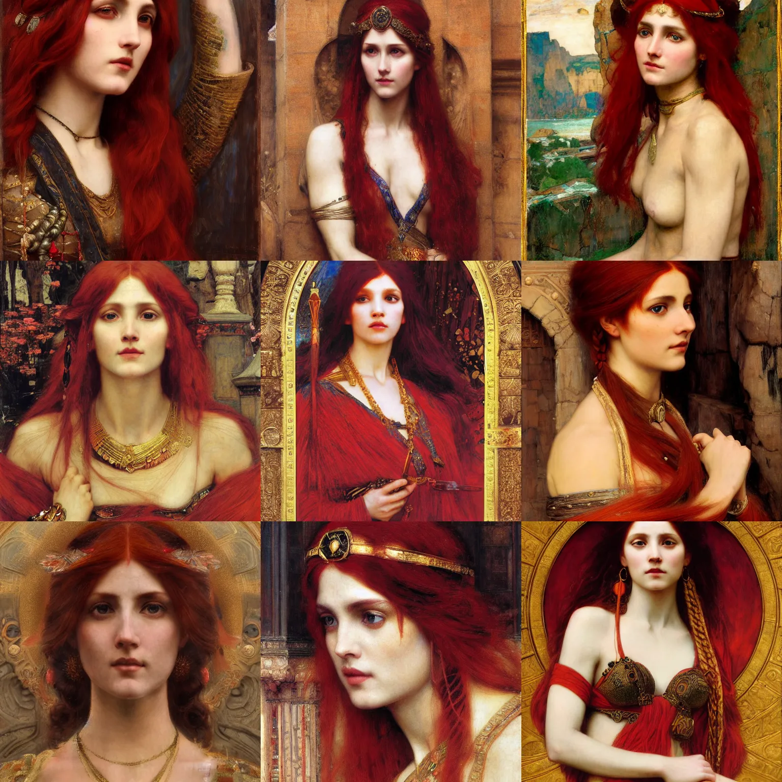 Prompt: orientalist portrait of a red-haired sorceress in a sandstone intricate portrait by john william waterhouse and Edwin Longsden Long and Theodore Ralli and Henryk Siemiradzki, very coherent symmetrical artwork. Cinematic, hyper realism, high detail 8k