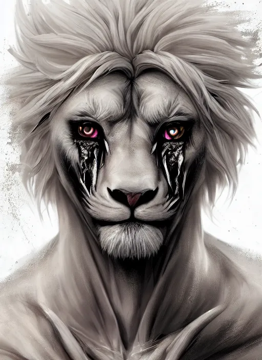 Prompt: award winning beautiful portrait commission of a male furry anthro albino lion wearing a burnt and torn tuxedo outfit with scarred face and scratches on his muscular belly with beautiful hyperdetailed face. Character design by charlie bowater, ross tran, and makoto shinkai, detailed, inked, western comic book art