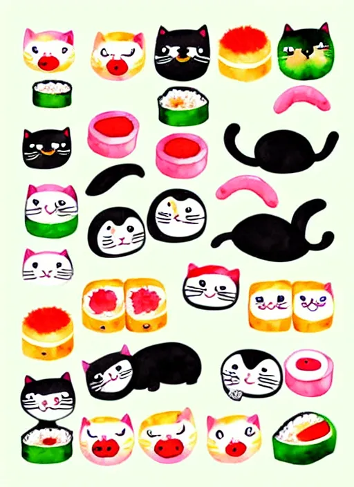 Image similar to cute cats and sushi watercolour illustrations sheet