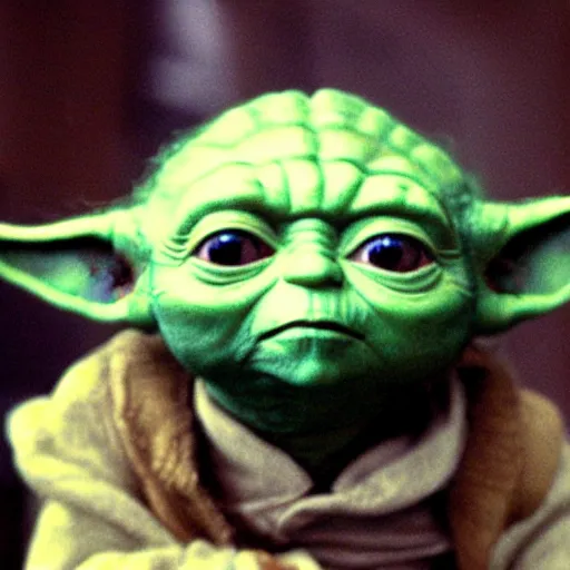 Image similar to a picture of Yoda’s first day of kindergarten. Yoda looking up towards the camera.