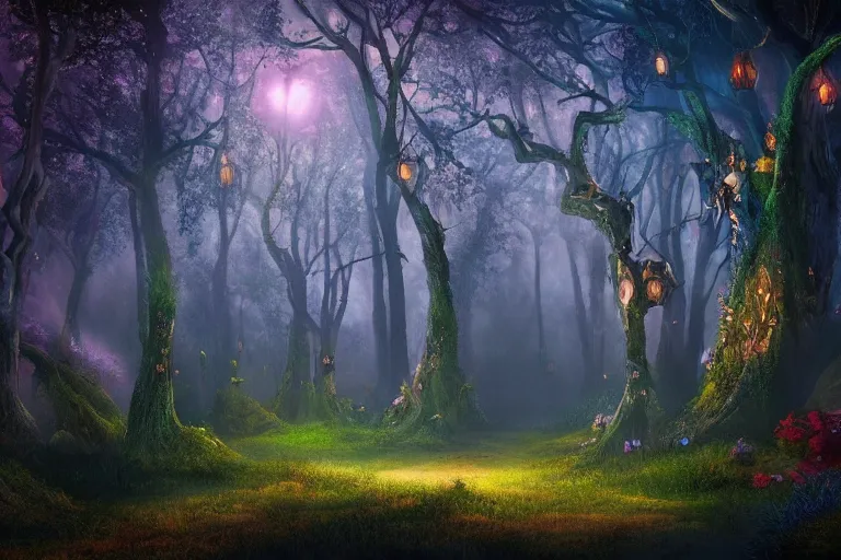 Prompt: An enchanted forest at night, beautiful landscape, fantasy-style, cinematic lighting, photorealism.