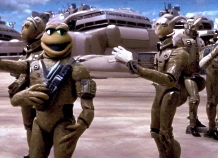 Prompt: scene from the 1 9 9 7 science fiction film muppet starship troopers