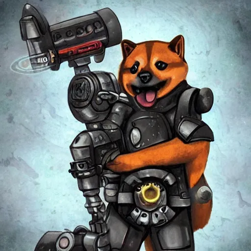 Image similar to anthropomorphic shiba inu, wearing warhammer 4 0 k strongest black exoskeleton power armor without helmet, holding sci - fi laser gatling gun, post apocalyptic sci - fi background