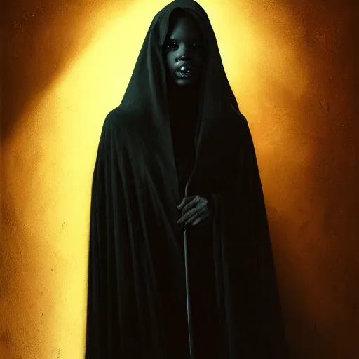 Image similar to a portrait of a young black woman wearing a long dark cloak, hood and shadows covering face, anatomically correct, beautiful perfect face, enigmatic, oil painting, matte painting, black background, Volumetric dynamic lighting, Highly Detailed, Cinematic Lighting, Unreal Engine, 8k, HD, by Beksinski