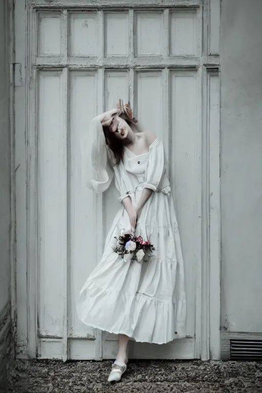 Image similar to a beautiful portrait photography of a female in beautiful dress standing by the white door ， by monia merlo, full body, fashion, romanticism, flowers, modern. model.