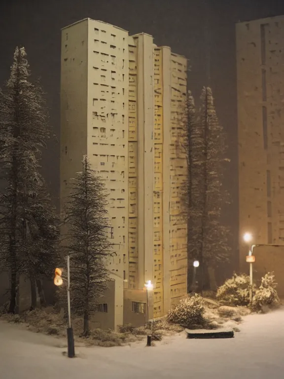 Prompt: detailed diorama a soviet residential building, brutalism architecture, suburb, lights are on in the windows, sad man in winter jacket passing by, dark night, cozy and peaceful atmosphere, fog, cold winter, snowing, streetlamps with soft orange light, several birches nearby, 1 9 9 0