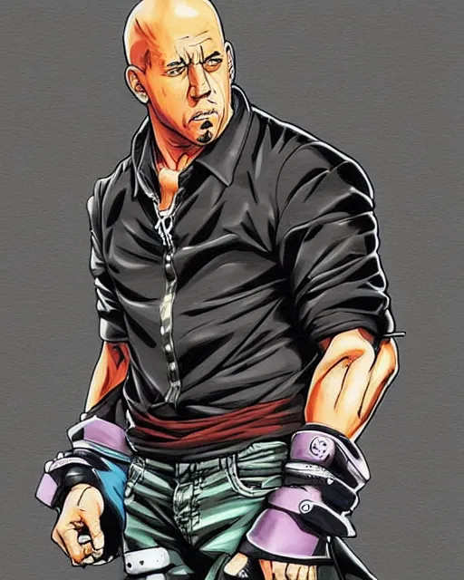 Image similar to Digital color pen drawing of Vin Diesel walking like a Italian model in JoJo\'s Bizzare Adventure anime style, official JoJo\'s Bizzare Adventure, highly detailed, sharp focus, screentone shading, sligthly hard shadows, 1990 manga panel, trending on ArtStation, manga cover art drawn by Hirohiko Araki