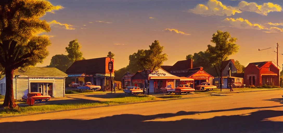 Image similar to concept art of a small rural town in middle America in the 1960s, detailed, Americana, golden hour