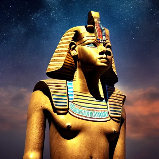 Image similar to realistic image of majestic egyptian god. beautiful majestic triumphant. realistic. beautiful. mysterious. intricately detailed. meticulously rendered. background nisbstarry skym astrophotography. epic. 4 k hd. trending on art station. h 7 6 8