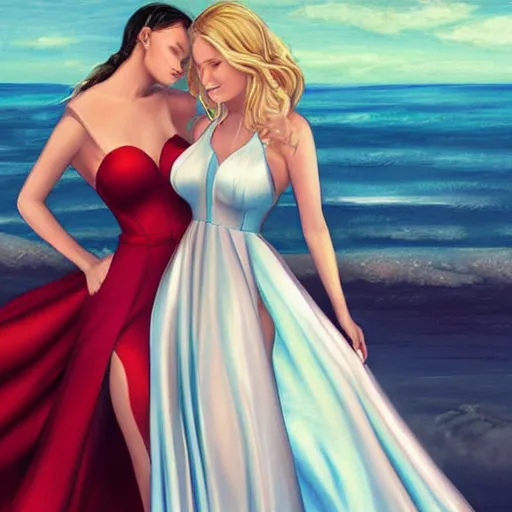 Image similar to two beautiful princesses in skintight satin prom dresses on the beach drawn by charlie bowater