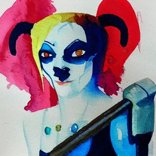 Image similar to “watercolor of Harley Quinn holding mallet”