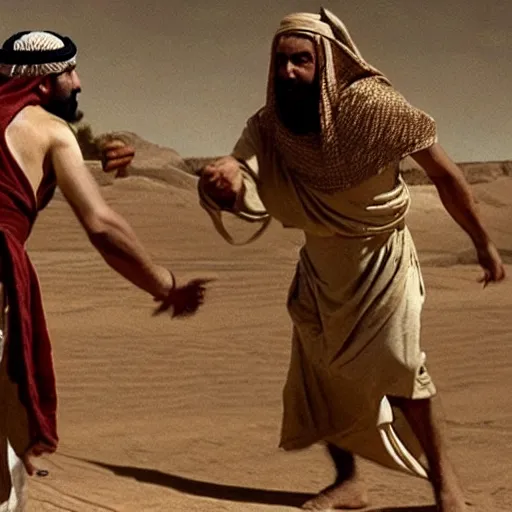 Prompt: cinematic still of angered middle eastern skinned man in ancient Canaanite clothing stabbing another middle eastern skinned man in ancient Canaanite clothing, Biblical epic by Christopher Nolan