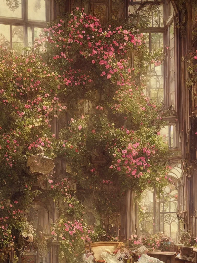 Image similar to a beautifull intricate watercolour painting of a victorian room with many flowers, reflexions, verry high details by william turner art, greg rutkowski and alphonse mucha, trending on artstation, very very detailed, masterpiece, golden hour lighting, wide lens,