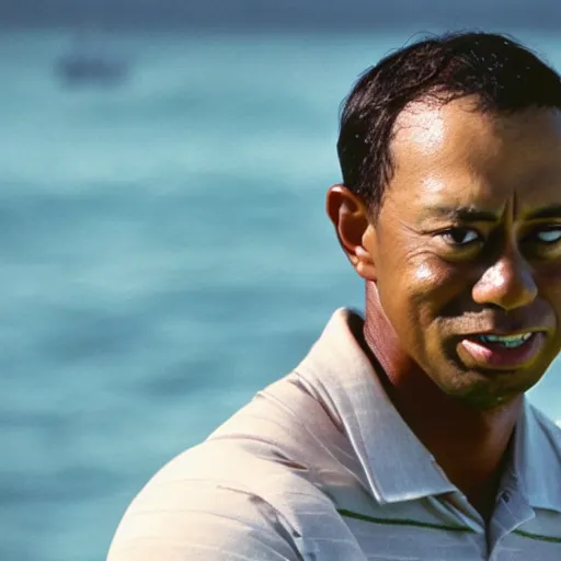 Image similar to a close up cinematic film still of tiger woods in the jaws