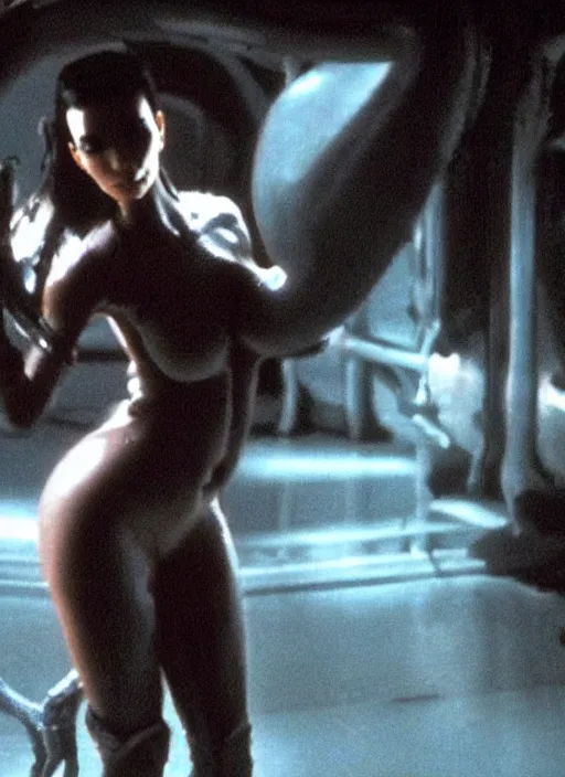 Image similar to film still of kim kardashian being held up by an xenomorph in Alien.