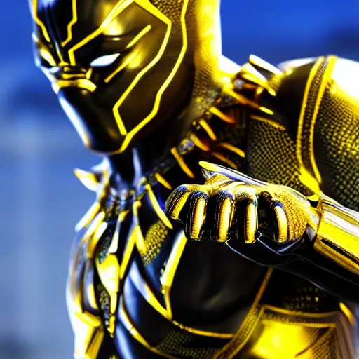 Image similar to a close up shot of a golden statue of black panther, detailed, 8K, epic,