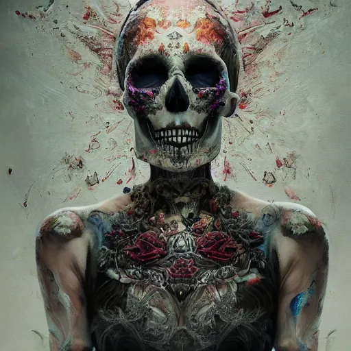 Image similar to full body pose, hyperrealistic mixed media painting of beautiful skull woman, dim volumetric lighting, 8 k, octane beautifully detailed render, extremely hyper detailed, intricate, epic composition, cinematic lighting, masterpiece, trending on artstation, very very detailed, masterpiece, stunning, hdr, smooth, sharp focus, high resolution, award, winning photo, dslr, 5 0 mm