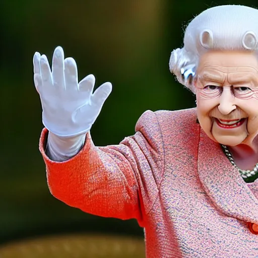 Prompt: Queen Elizabeth with giant hands holding a teacup