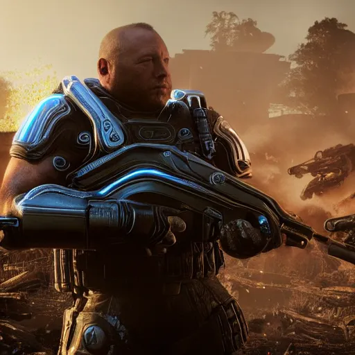 Image similar to Alex Jones in Gears of War, splash art, movie still, cinematic lighting, dramatic, octane render, long lens, shallow depth of field, bokeh, anamorphic lens flare, 8k, hyper detailed, 35mm film grain