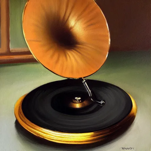 Image similar to Oil painting of a gramophone with a disc