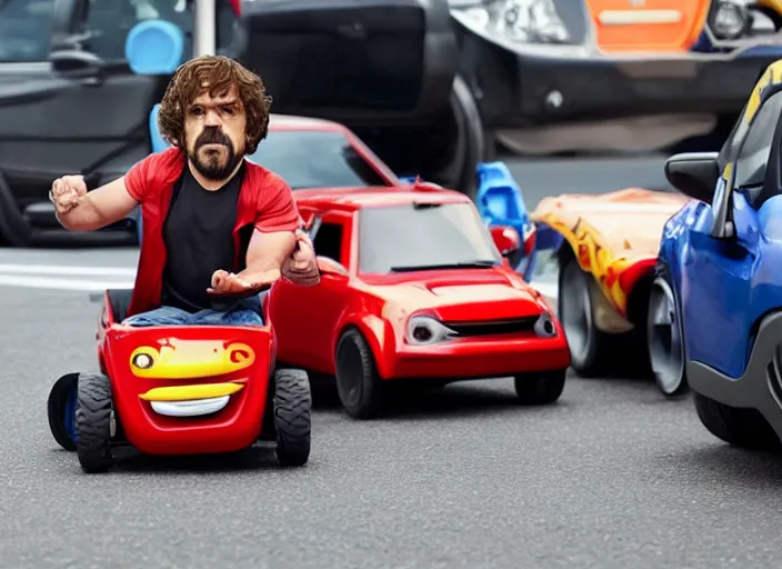 Image similar to peter dinklage driving a little tikes car, movie still, from the new fast and furious movie, 8 k, realistic