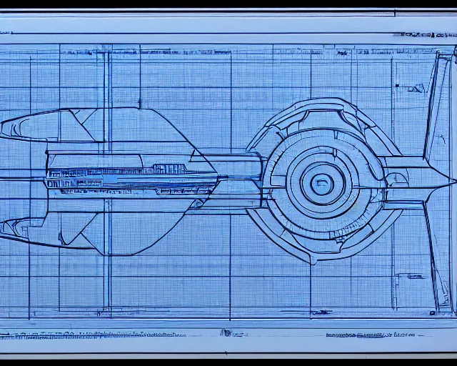 Prompt: blueprint of spaceship, technical drawing on blue notebook, intricate detail, centered with clean background, studio lighting, award winning photography, 8 k