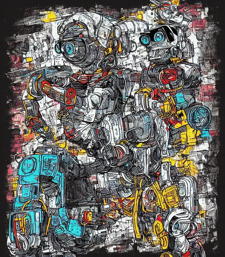 Prompt: ROBOT CAT from GTA [highly detailed] [colored pencil illustration] [screen print] [halftone tshirt design] [4k]