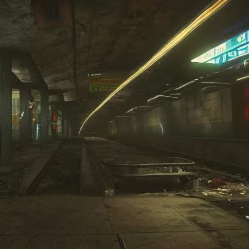 Image similar to abandoned underground subway homeless filthy horror slum low light sadness lonely. Cyberpunk 2077. CP2077. 3840 x 2160