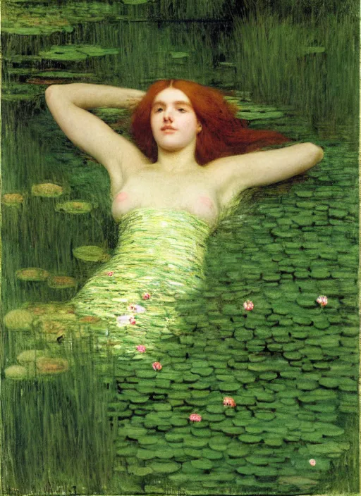 Image similar to lady laying on the river bed amongst the duck weed, underwater shot, submerged, medium shot, on the bed of the river, portrait by john william waterhouse, rosetti, monet, william holman hunt, 8 k