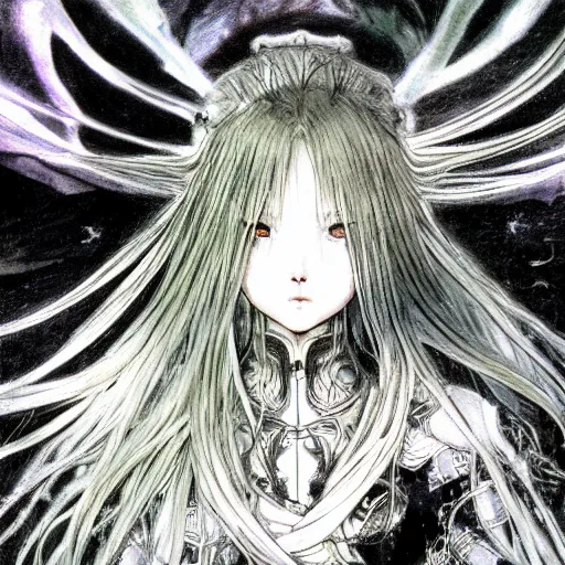 Image similar to Yoshitaka Amano blurred and dreamy illustration of an anime girl with wavy white hair and cracks on her face wearing Elden ring armour with the cape fluttering in the wind, abstract black and white patterns on the background, noisy film grain effect, highly detailed, Renaissance oil painting, weird portrait angle