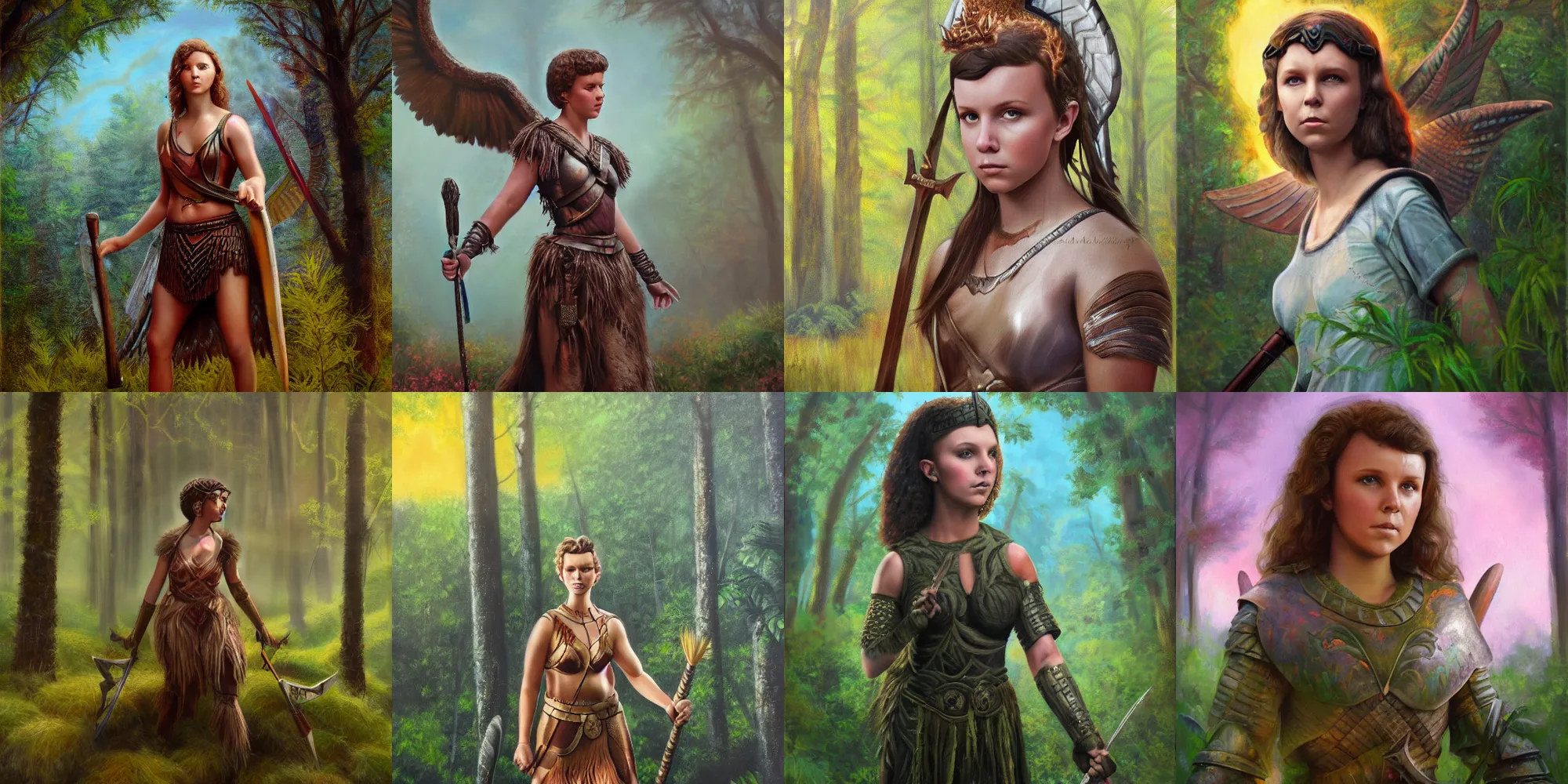 Prompt: beautiful you female warrior bobby millie brown, mythical valkyrie, in a lush forrest, sunrise, realistic oil painting on canvas, trending on artstation,